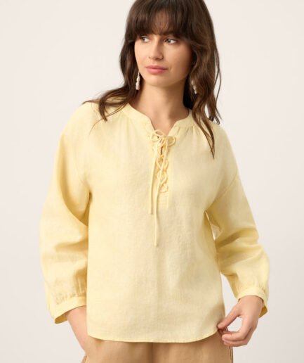 LWZLI™ 100% Linen Lace-Up Shirred Lantern Sleeve Blouse DOROTHEA