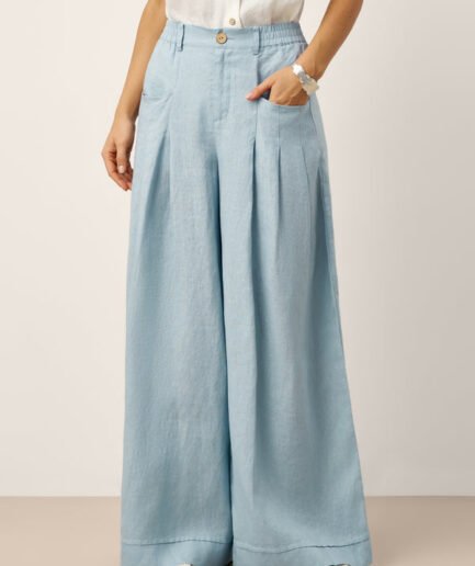 LWZLI™ 100% Linen Sculpted Pleat Elasticated Back Relaxed Pants VERIDIANA