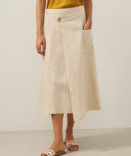 LWZLI™ 100% Linen Elastic Waist Angled Wrap Skirt FRESSA