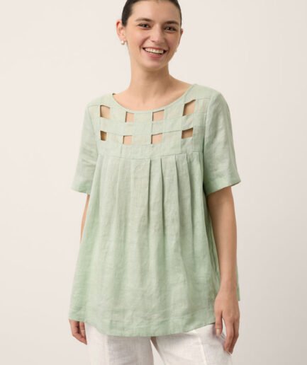 LWZLI™ 100% Linen Layered Handwoven Lattice Pleated Top AMALIA