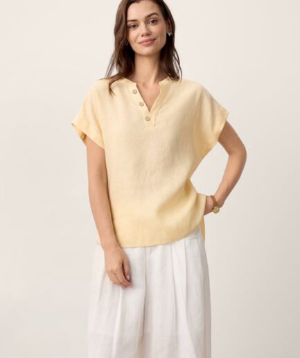LWZLI™ 100% Linen Stand-Collar Curved-Hem Top CRESSA